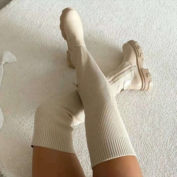 Signature Sole Shoetique Shoes - Cream knit over the knee Moto style chunky sole platform boot